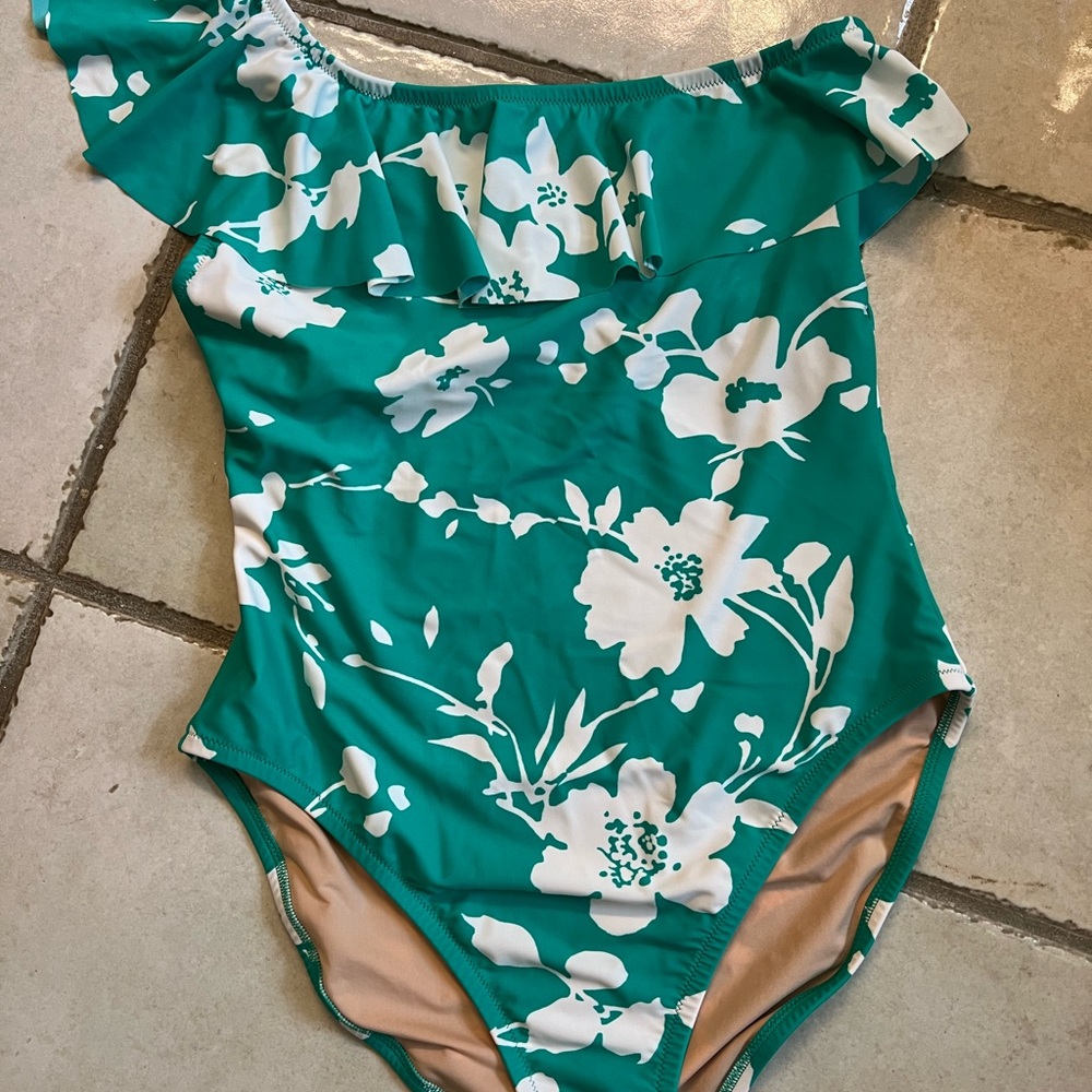 J. Crew Green and White Floral One Piece Swimsuit